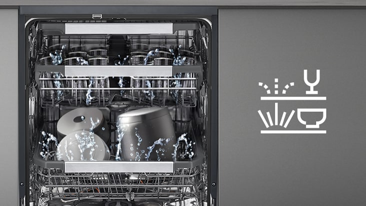 Interior de uma máquina de lavar loiça livre LG com o cesto superior a lavar gentilmente e o inferior com maior intensidade.