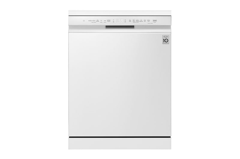 Vista frontal de Máquina de lavar loiça QuadWash™ LG branca com Eficiência Energética D, cestos reguláveis EasyRack™ Plus e zona dupla de lavagem, DF243FW