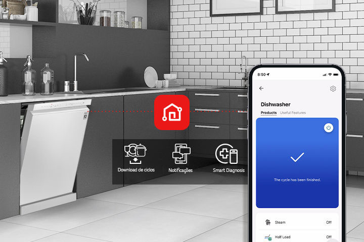Visão geral de uma cozinha moderna com uma máquina de lavar loiça LG, demonstrando como a app LG ThinQ suporta três funções: Descarregar ciclos, notificações e diagnóstico inteligente.