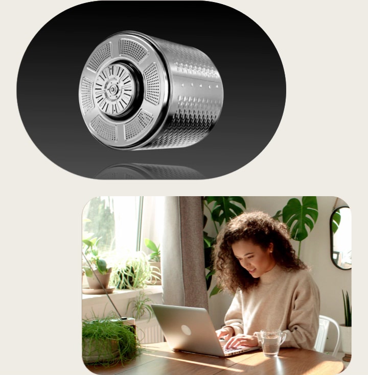 Motor LG Inverter Direct Drive™ com a imagem de uma mulher a trabalhar em casa e outra mulher a dormir