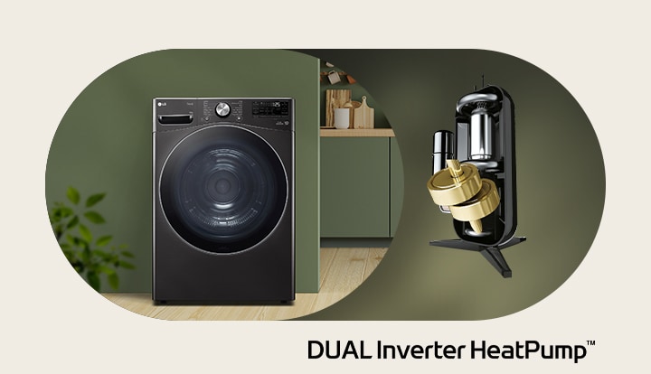 Imagem de uma máquina de secar LG e da bomba de calor DUAL Inverter HeatPump™