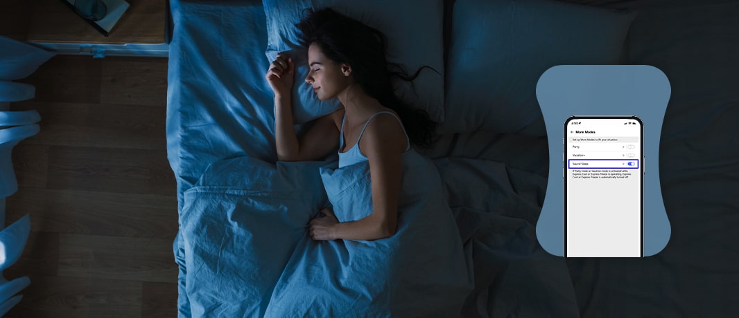 Imagem de uma mulher a dormir bem à noite que aparece acima da imagem da app de manipulação do frigorífico.