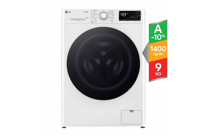 Vista frontal de Máquina de lavar roupa LG AI DD™  com capacidade 9kg, eficiência energética A-10%, Steam™ e ezDispense™, F4WR3509A0W