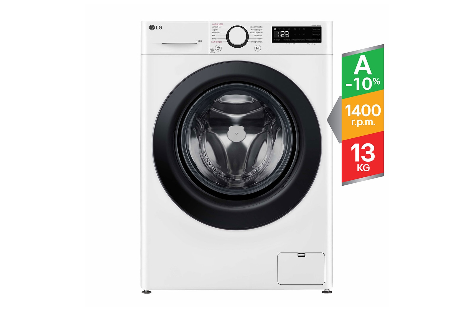 Vista frontal de Máquina de lavar roupa LG F4WR5013A6W, 13 kg, eficiência energética A-10%, 1400 r.p.m., AI DD™, Steam™, branco F4WR5013A6W