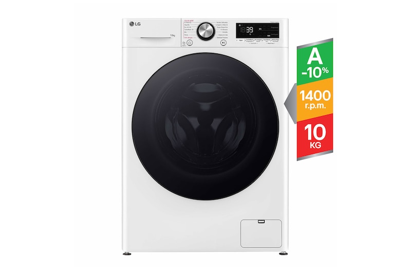 Vista frontal de Máquina de lavar roupa LG AI DD™ branca com capacidade 10kg, eficiência energética A-10%, Steam™ e TurboWash™ 360 F4WR7010AGW