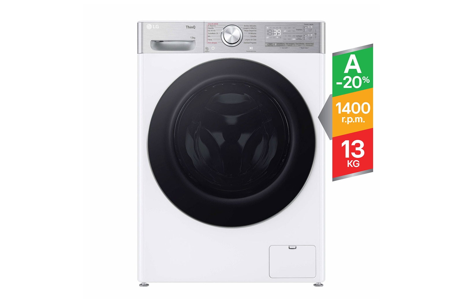 LG Máquina de lavar roupa LG F4WR9513A2W, 13 kg, eficiência energética A-10%, 1400 r.p.m., AI DD™, Steam+™, TurboWash360™, ezDispense™, branco, F4WR9513A2W