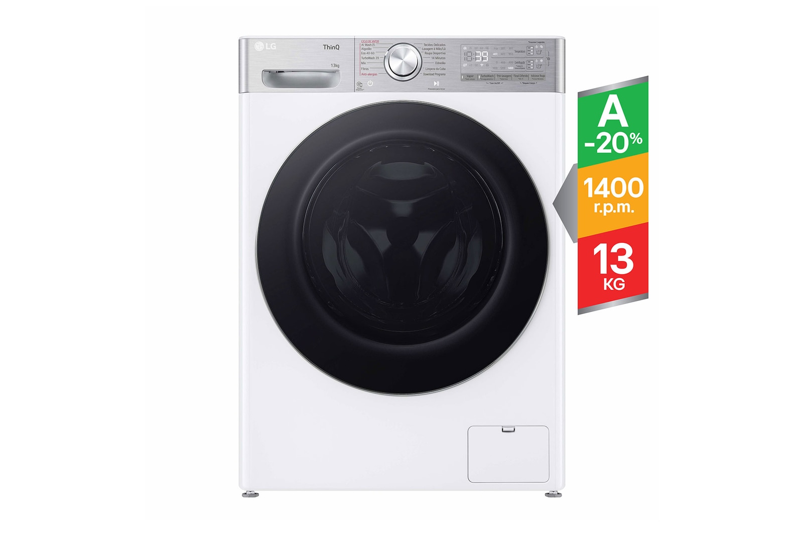 Vista frontal de Máquina de lavar roupa LG F4WR9513A2W, 13 kg, eficiência energética A-20%, 1400 r.p.m., AI DD™, Steam&#43;™, TurboWash360™, ezDispense™, branco F4WR9513A2W