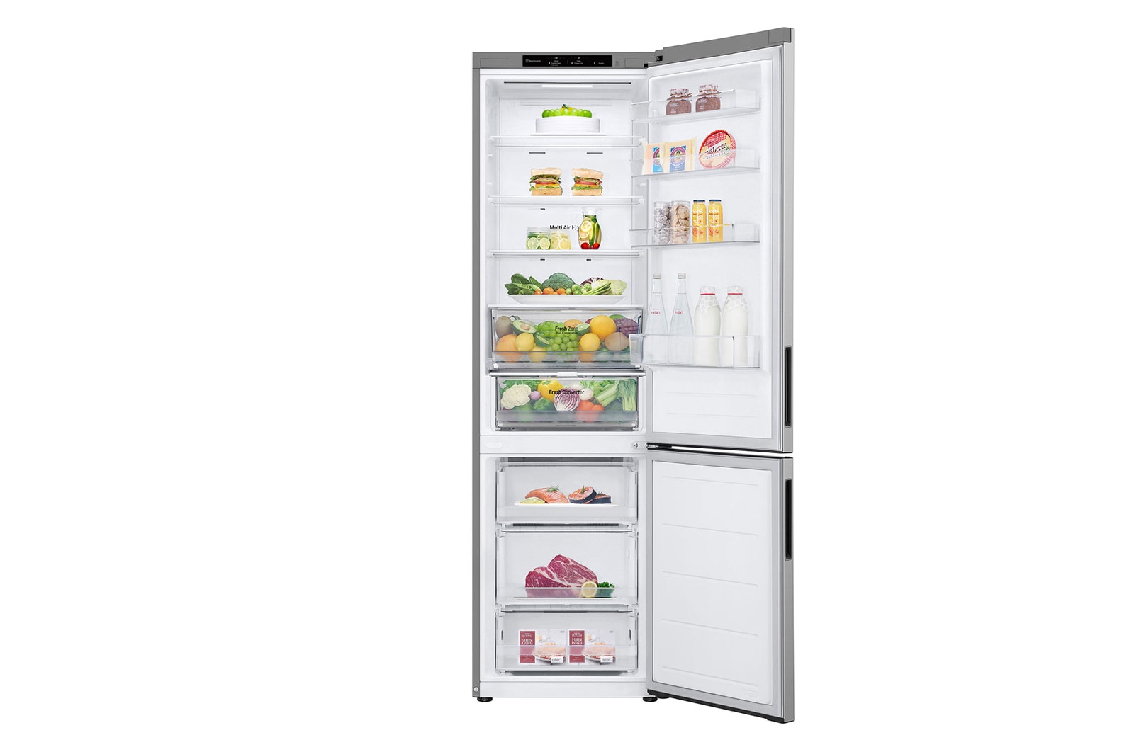 imagem frontal com porta aberta e alimentos armazenados