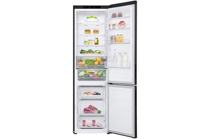 imagem frontal com porta aberta e alimentos armazenados