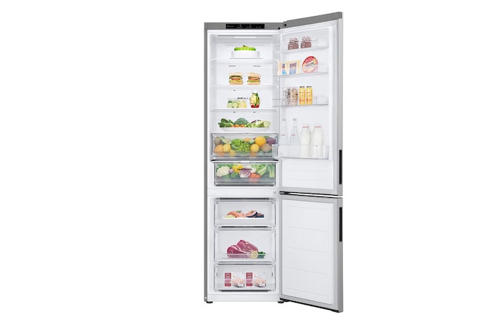 imagem frontal com porta aberta e alimentos armazenados