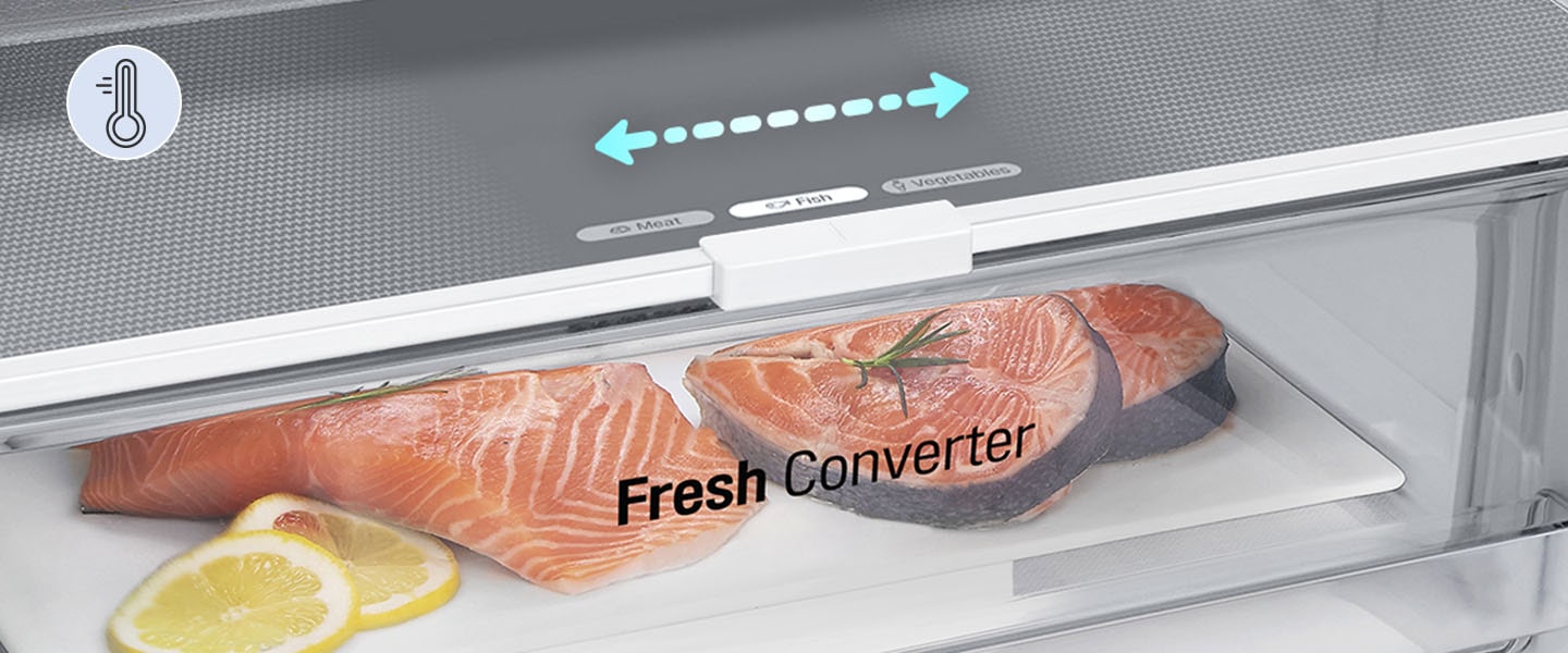 Imagem aproximada de uma gaveta repleta de peixe, configurada para a opção de temperatura para peixe.