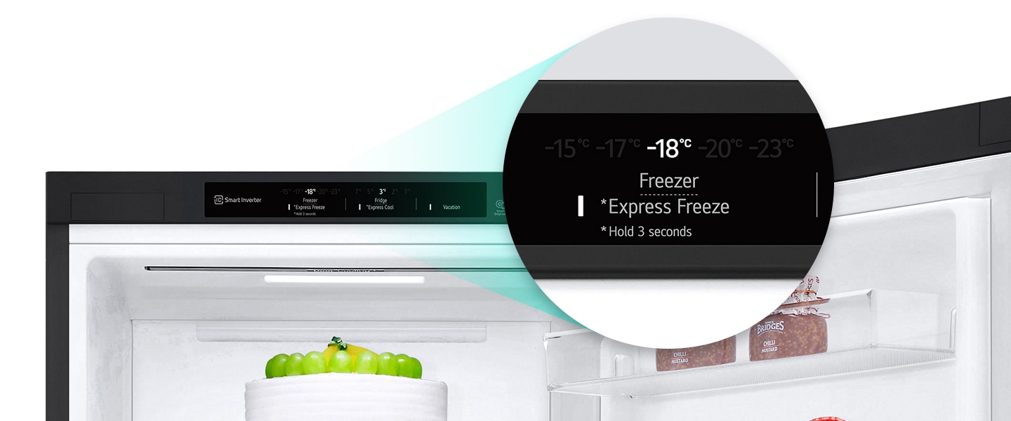 Imagem aproximada do botão express freeze localizado no topo do frigorífico.