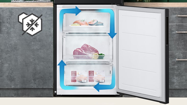 Frigorífico no frost com arrefecimento e circulação de frio uniformes, mantendo os alimentos frescos.