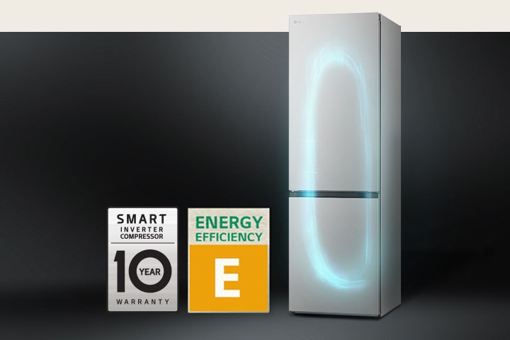 Frigorífico com sistema de refrigeração eficiente por Smart Inverter Compressor e etiqueta de garantia de 10 anos do compressor.