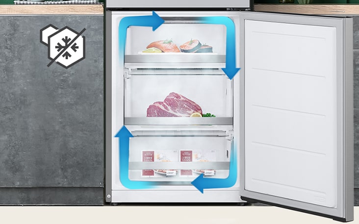 Congelador no frost com refrigeração uniforme e ar frio circulado para manter os alimentos frescos em todos os cantos.