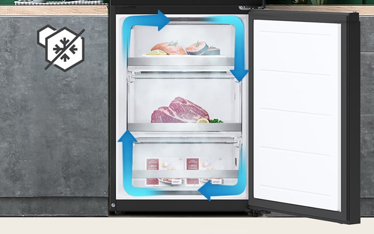 Congelador no frost com refrigeração uniforme e ar frio circulado para manter os alimentos frescos em todos os cantos.