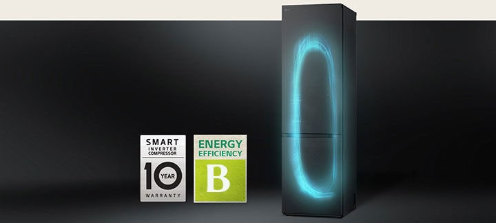 Frigorífico com sistema de refrigeração eficiente por Smart Inverter Compressor e etiqueta de garantia de 10 anos do compressor.	