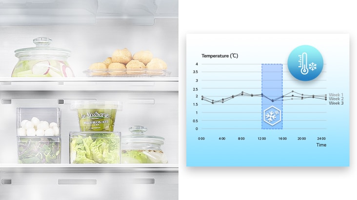 Gráfico do registo e análise da temperatura do frigorífico ao longo de três semanas, e aparência do interior do frigorífico com ar frio a diferentes temperaturas.