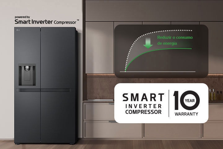 O frigorífico está instalado na parede da cozinha e há um gráfico que mostra a redução do consumo de energia utilizando o Smart Inverter Compressor.