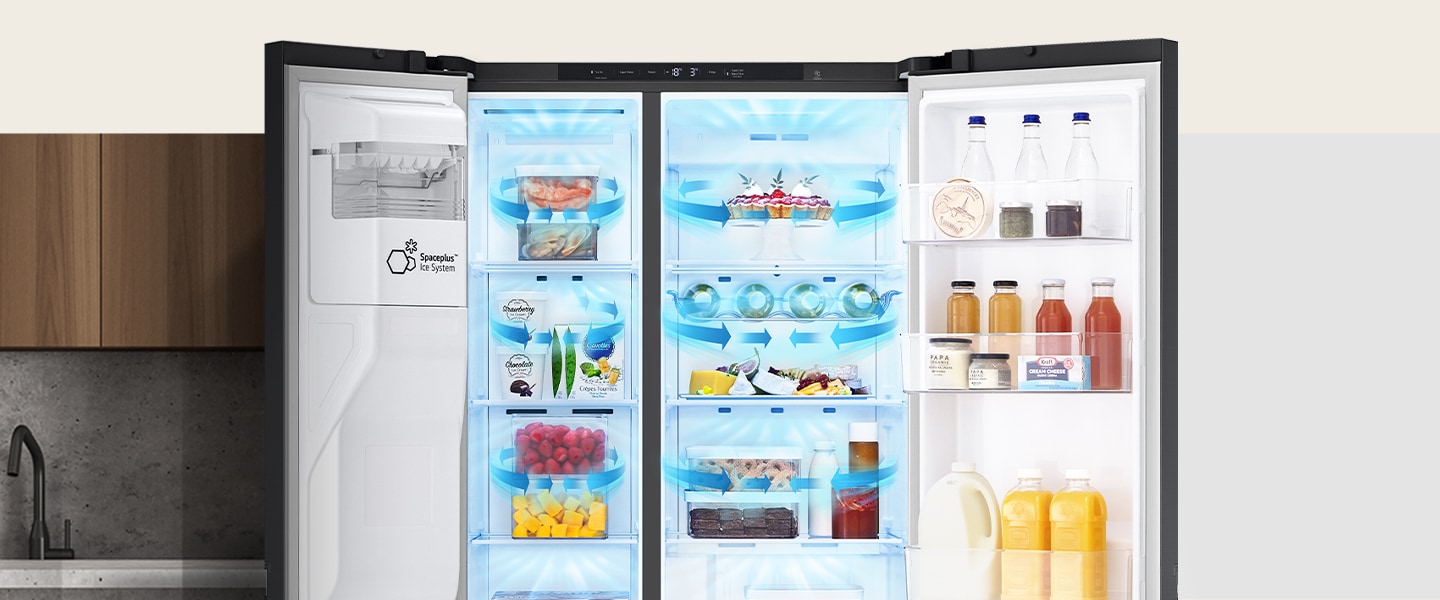 No interior do frigorífico cheio de ingredientes, setas azuis, que significam frio, são apresentadas por baixo, de ambos os lados e em todo o espaço.
