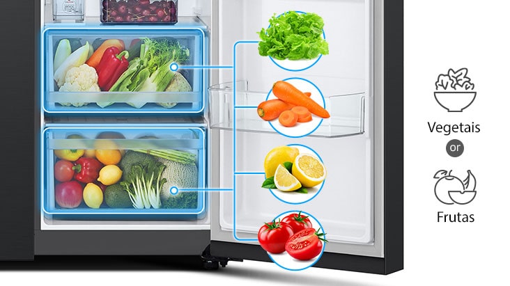Os 2 cestos abaixo na parte inferior do frigorífico conseguem armazenar aproximadamente 2 tipos de alimentos, que são vegetais e frutas