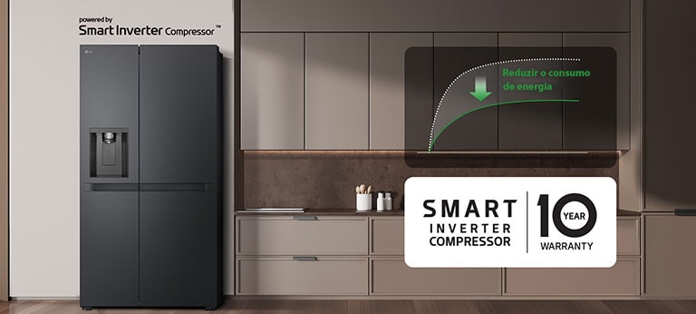 O frigorífico está instalado na parede da cozinha e há um gráfico que mostra a redução do consumo de energia utilizando o Smart Inverter Compressor.