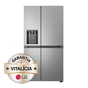Vista frontal de Frigorífico Americano LG prata 641l com eficiência energética E, compressor Inverter Linear™ e dispensador de água e gelo UVnano™  GSLC41PYPE