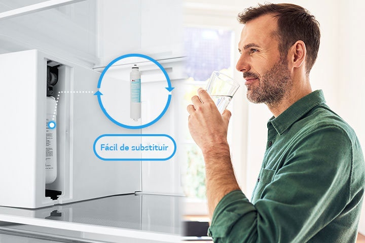 Os dois cartões separadas mostram os filtros que podem ser trocados instantaneamente, no lado esquerdo. Dessa forma, um homem pode beber água fresca no lado direito.