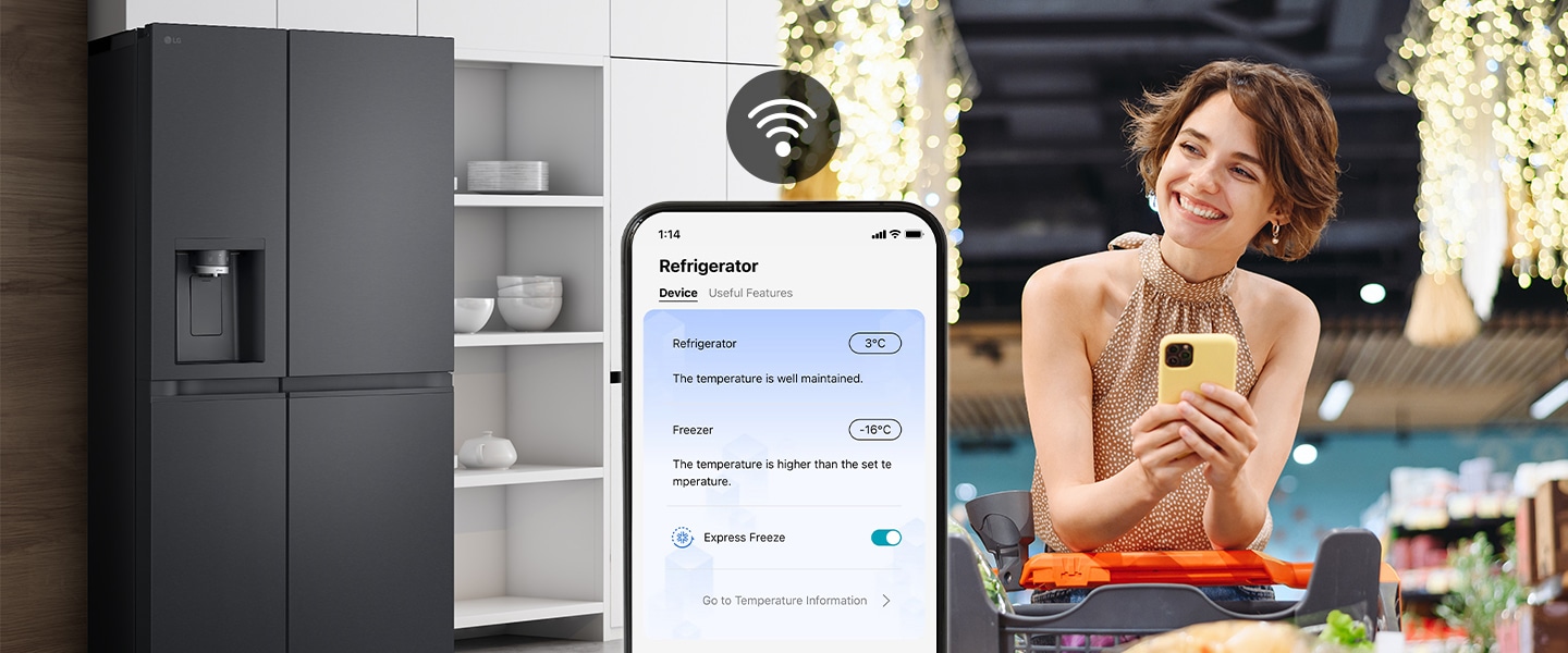 A imagem da direita mostra uma mulher de pé numa mercearia a olhar para o telefone. A imagem da esquerda mostra a vista frontal do frigorífico. No centro das imagens está um ícone para mostrar a conectividade entre o telefone e o frigorífico.