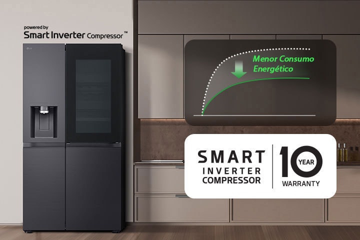 O frigorífico está instalado na parede da cozinha e há um gráfico que mostra a redução do consumo de energia utilizando o Smart Inverter Compressor.	