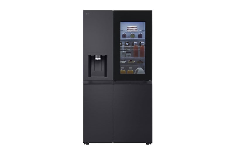 Vista frontal de Frigorífico Americano LG Instaview™ com 628l, classe energética D, compressor Smart Inverter™ e dispensador de água UVnano™, GSXE91EVAD
