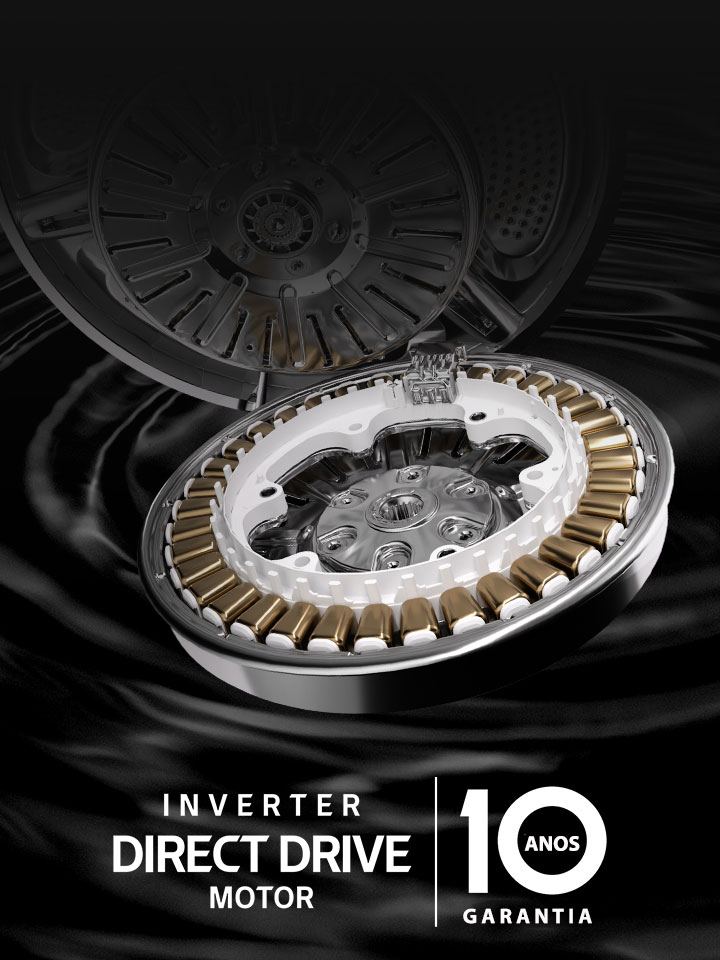 Imagem com o logo e o motor da máquina de lavar num cenário de fundo preto com ondas