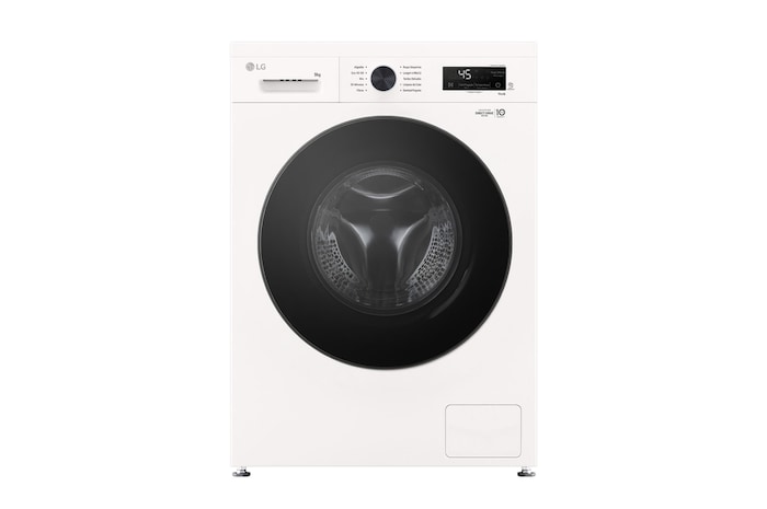 Vista frontal de Máquina de Lavar Roupa LG 9kgs branca com eficiência energética A, 1400rpm, motor Inverter Direct Drive e Steam™, F4X1009NWB