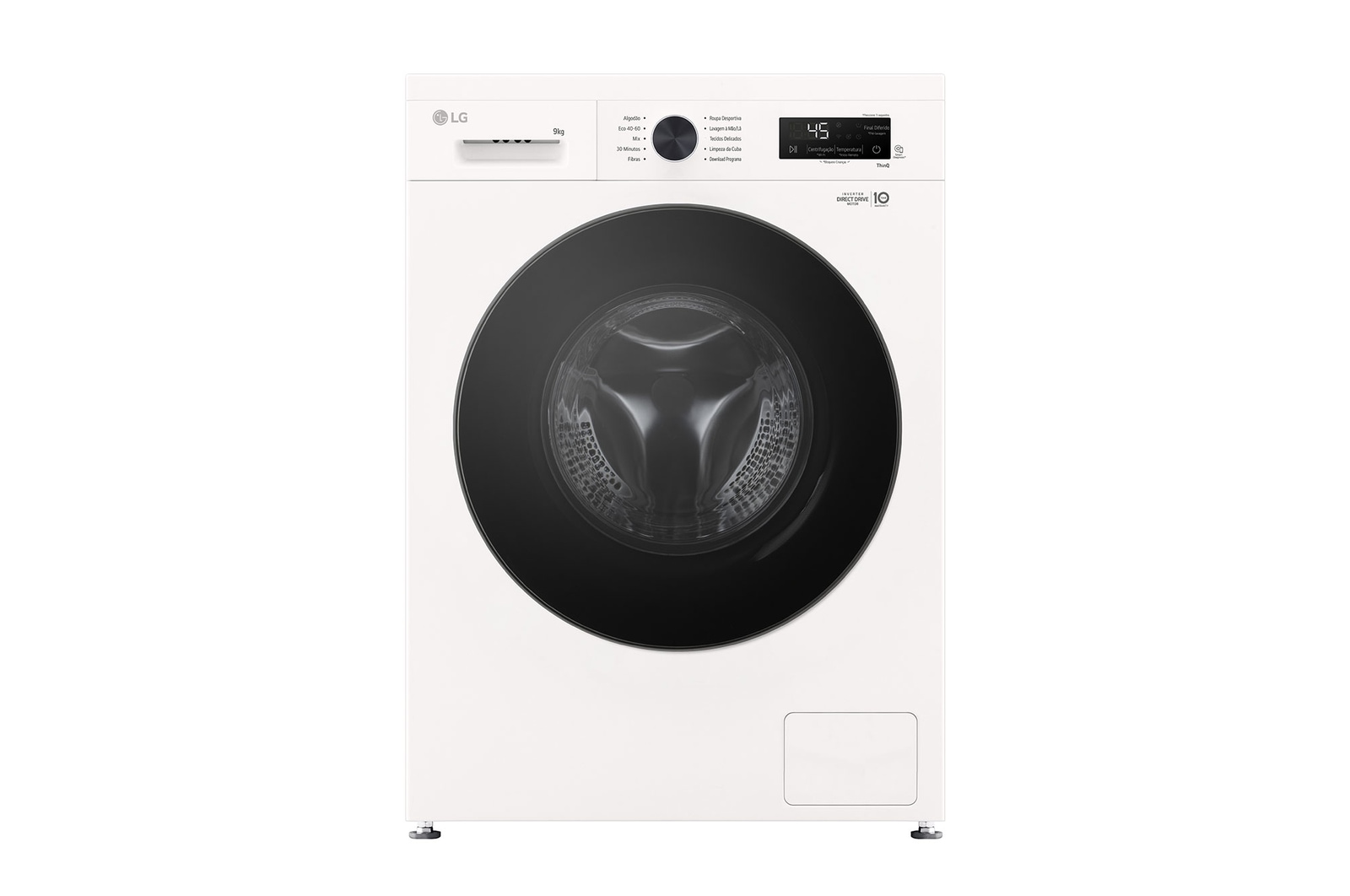 Vista frontal de Máquina de Lavar Roupa LG 9kgs branca com eficiência energética A, 1400rpm, motor Inverter Direct Drive e Steam™, F4X1009NWB