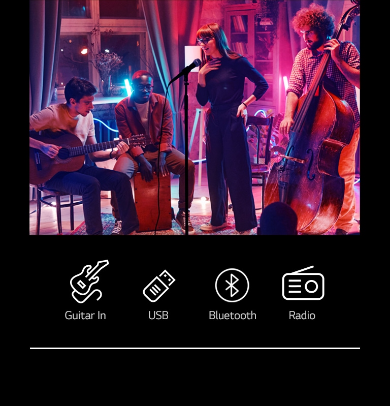 Uma imagem de um concerto. Ícones de Guitarra, USB, Bluetooth e Radio são exibidos na parte inferior da imagem.