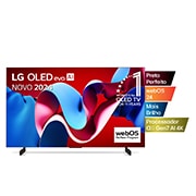 Vista frontal da LG OLED evo AI C4 4K Smart TV de 42 polegadas 2024, com as features principais com o emblema dos 11 anos da OLED número 1 do mundo e o logótipo do WebOS