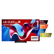 Vista frontal com a LG OLED evo TV, OLED C4, o logótipo do emblema dos 11 anos da OLED número 1 do mundo e o logótipo do webOS Re:New Program no ecrã, assim como a barra de som abaixo