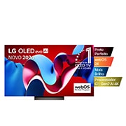 Vista frontal com a LG OLED evo TV, OLED C4, o logótipo do emblema dos 11 anos da OLED número 1 do mundo e o logótipo do webOS Re:New Program no ecrã, assim como a barra de som abaixo