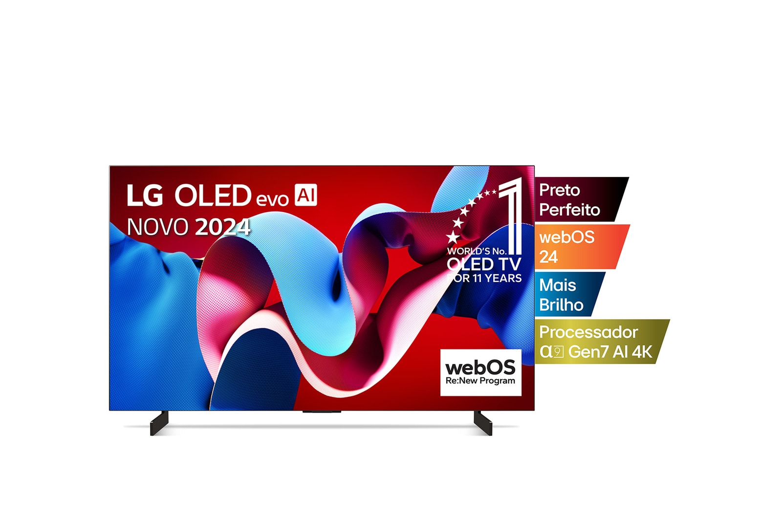 Vista frontal da LG OLED evo AI C4 4K Smart TV de 42 polegadas 2024, com as features principais com o emblema dos 11 anos da OLED número 1 do mundo e o logótipo do WebOS