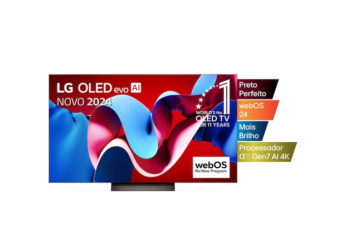 Vista frontal com a LG OLED evo TV, OLED C4, o logótipo do emblema dos 11 anos da OLED número 1 do mundo e o logótipo do webOS Re:New Program no ecrã, assim como a barra de som abaixo
