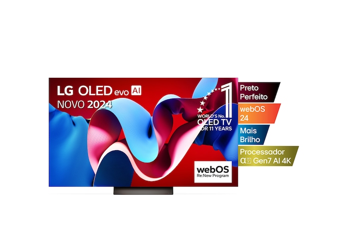 Vista frontal com a LG OLED evo TV, OLED C4, o logótipo do emblema dos 11 anos da OLED número 1 do mundo e o logótipo do webOS Re:New Program no ecrã, assim como a barra de som abaixo