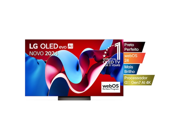Vista frontal com a LG OLED evo TV, OLED C4, o logótipo do emblema dos 11 anos da OLED número 1 do mundo e o logótipo do webOS Re:New Program no ecrã, assim como a barra de som abaixo
