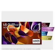 Vista frontal da LG OLED evo AI G4 4K Smart TV de 77 polegadas 2024, OLED77G45LW com as features principais com o emblema dos 11 anos da OLED número 1 do mundo e o logótipo do WebOS