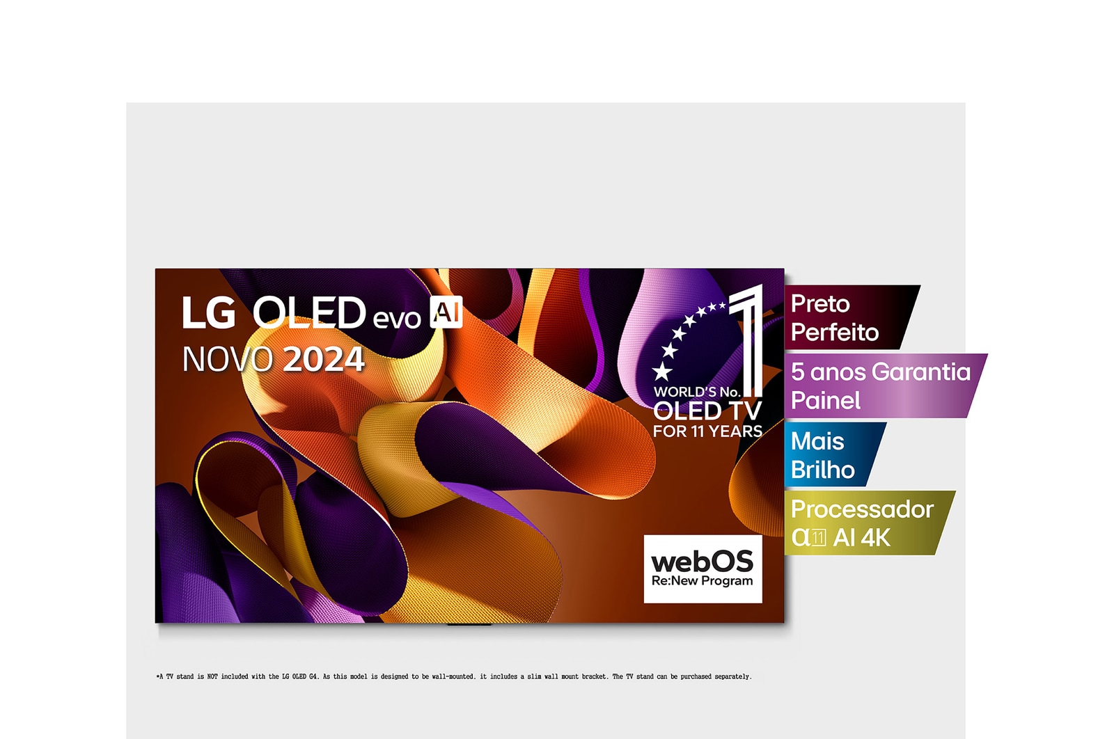 Vista frontal com a LG OLED evo TV, OLED G4, o emblema dos 11 anos da OLED número 1 do mundo e o logótipo da garantia do painel de 5 anos no ecrã