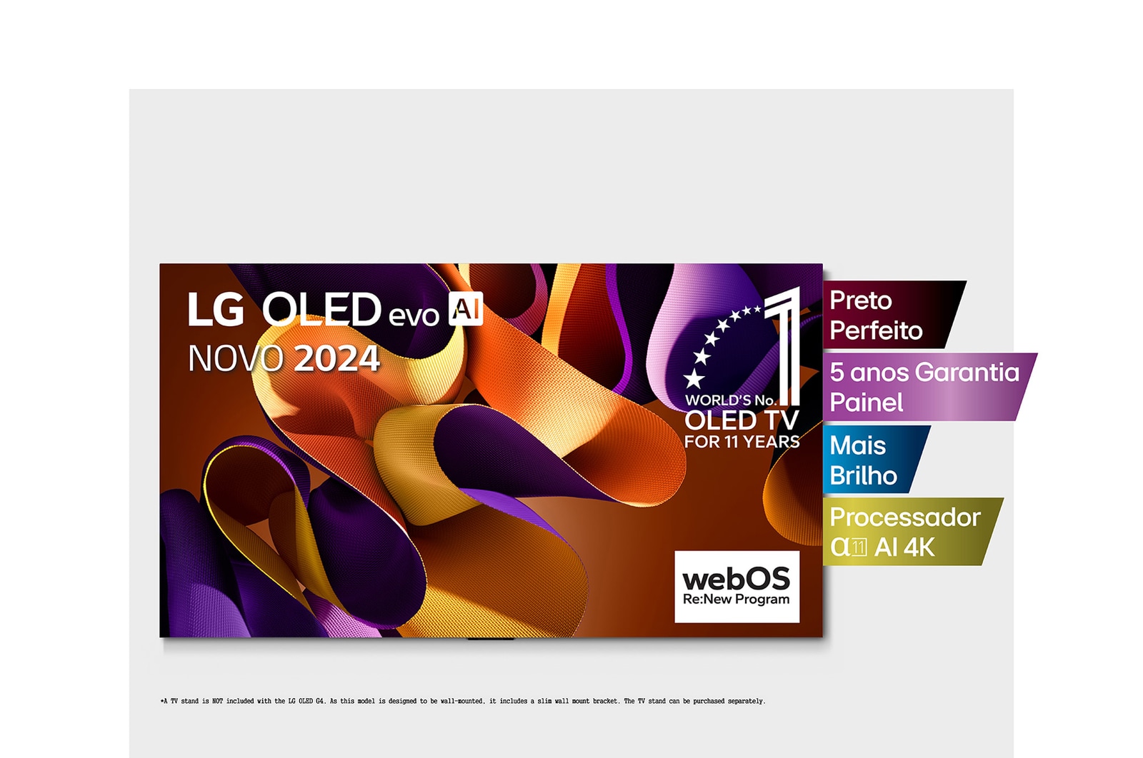 Vista frontal da LG OLED evo AI G4 4K Smart TV de 77 polegadas 2024, OLED77G45LW com as features principais com o emblema dos 11 anos da OLED número 1 do mundo e o logótipo do WebOS