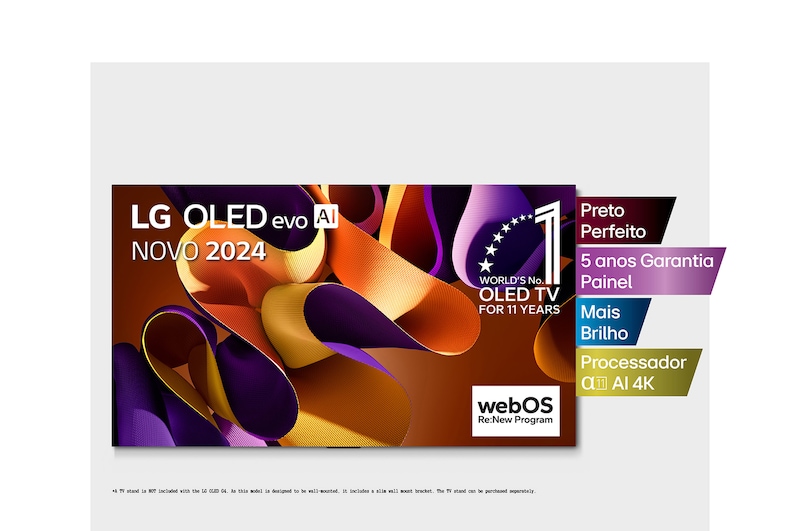 Vista frontal da LG OLED evo AI G4 4K Smart TV de 77 polegadas 2024, OLED77G45LW com as features principais com o emblema dos 11 anos da OLED número 1 do mundo e o logótipo do WebOS