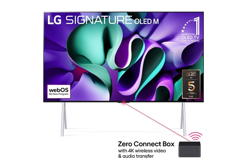 Vista frontal com a LG OLED TV, a ASSINATURA OLED M4 num suporte, o emblema OLED 11 Years of world number 1, o logótipo do programa webOS Re:New, o logótipo da garantia de 5 anos do painel no ecrã e uma Zero Connect Box com transferência de vídeo e áudio sem fios 4K ligada a uma TV e um sinal Wi-Fi a sair da caixa