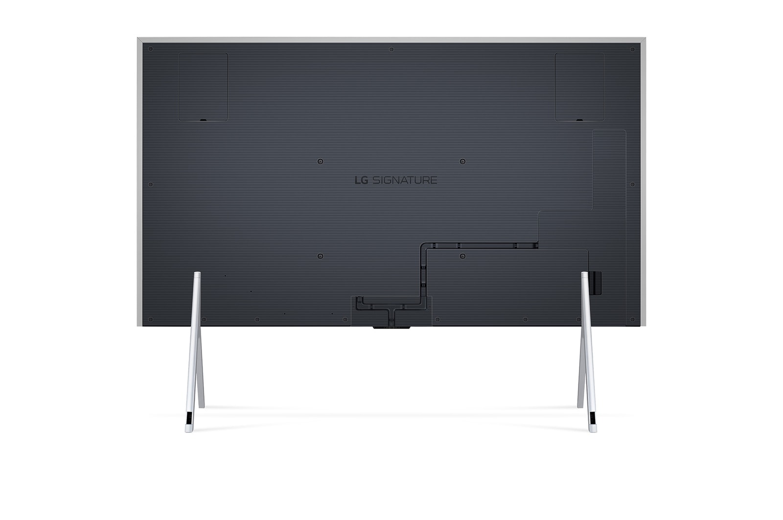 Vista traseira da LG OLED TV, OLED M4 SINGATURE num suporte