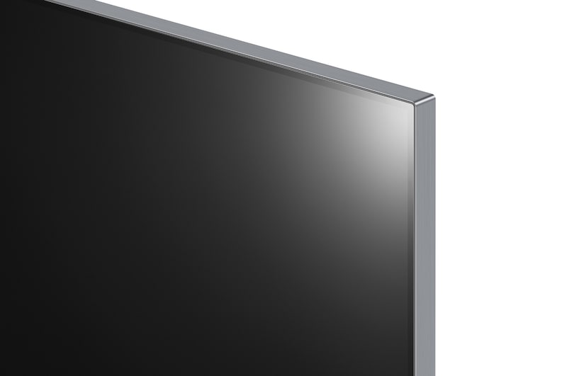 Imagem em grande plano da LG OLED TV, OLED M4 SINGATURE, mostrando o rebordo superior ultrafino