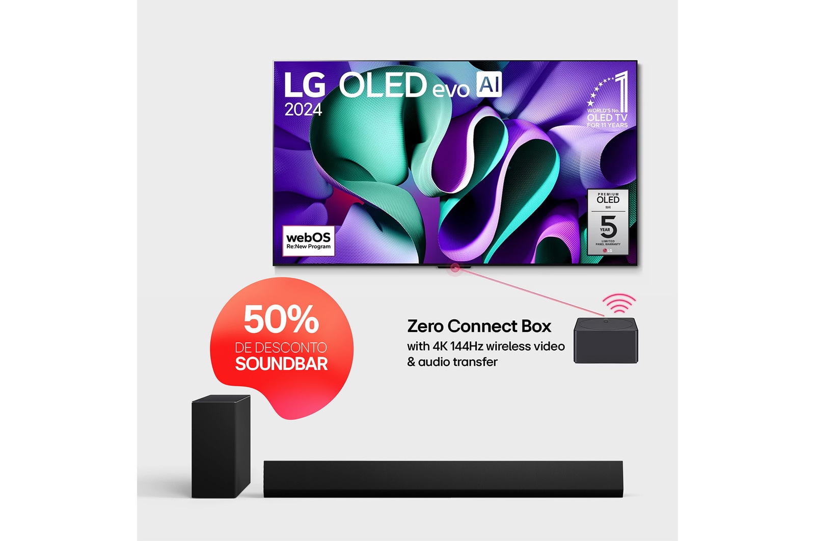 Front view with LG OLED evo AI TV, OLED M4, 11 Years of world number 1 OLED Emblem, webOS Re:New Program logo, 5-Year Panel Warranty logo on screen, and a Zero Connect Box with 4K 144Hz wireless video & audio transfer connected to a TV, and a Wi-Fi signal coming out of the box